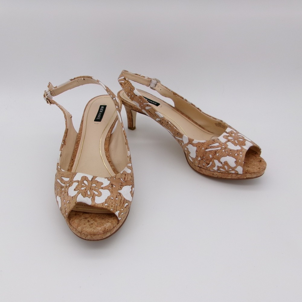 Alex Marie Cork Floral Slingback Kitten Heels Peep Toe Tan White Size 9M